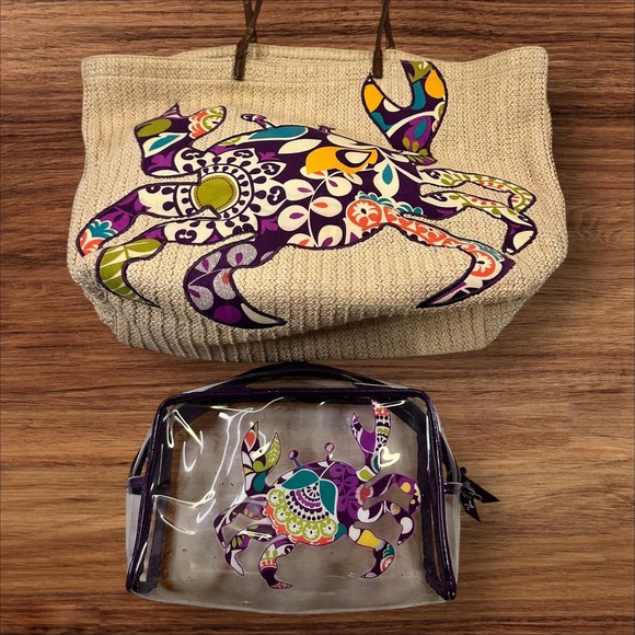 Vera Bradley Crab Straw Tote Bag + Clear Cosmetic Travel Pouch Set - Picture 1 of 12